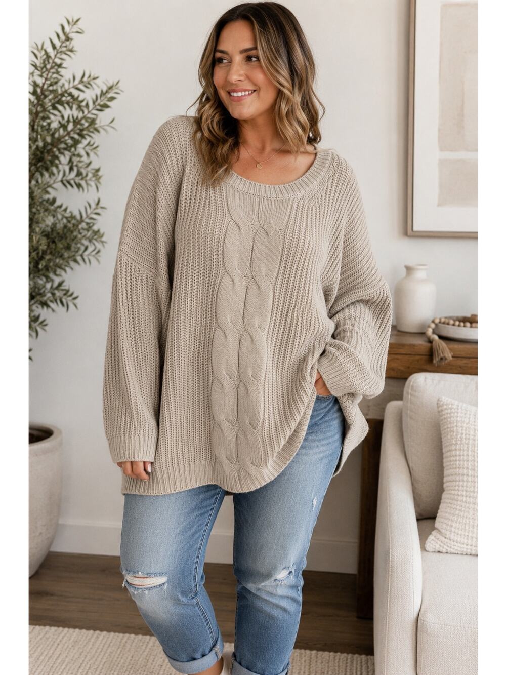Gibson Latimer XL Oversized Cable Knit Chunky Sweater Oatmeal Beige